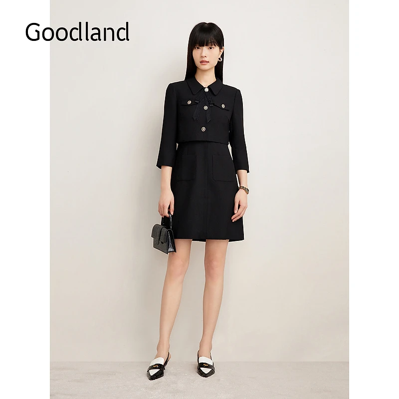 Goodland美地女装法式优雅通勤减龄翻领假两件连衣裙