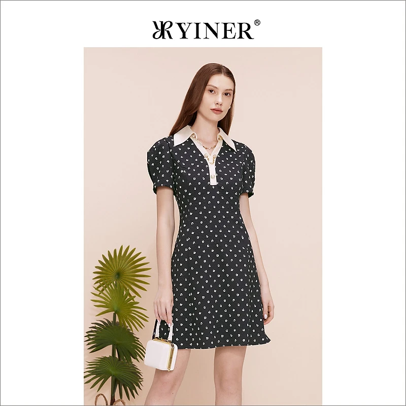 YINER音儿专选女装夏季撞色翻领钉珠设计收腰连衣裙