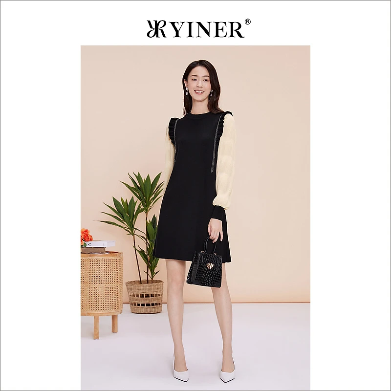 YINER音儿专选春季流苏装饰木耳边拼接撞色连衣裙