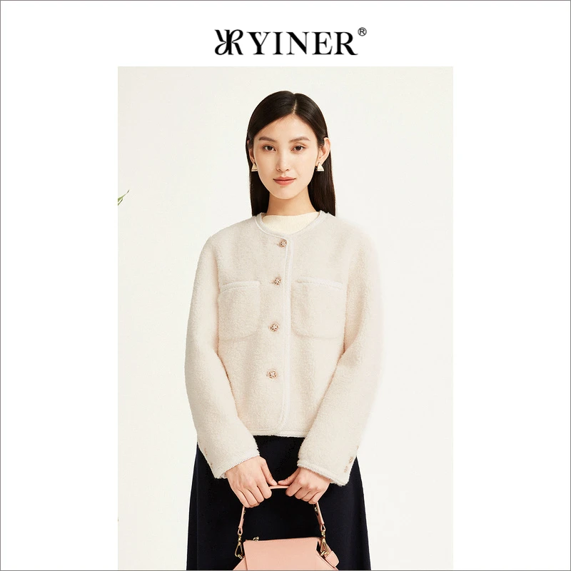 YINER音儿专选女装冬季法式纯色短款圆领保暖环保羊毛皮草外套