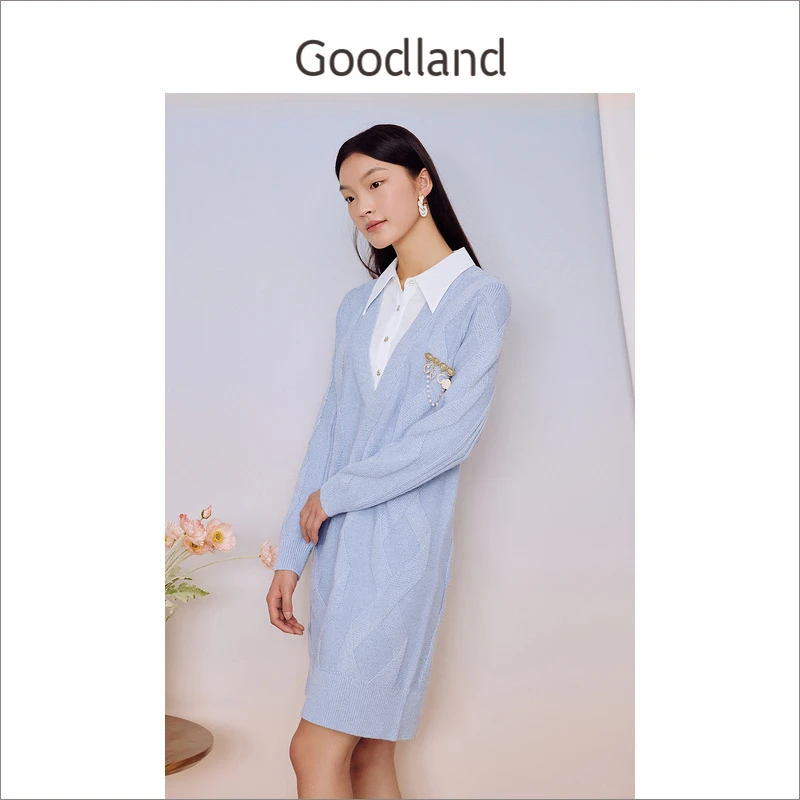 [假两件]Goodland美地冬季含羊毛衬衫领针织h型连衣裙
