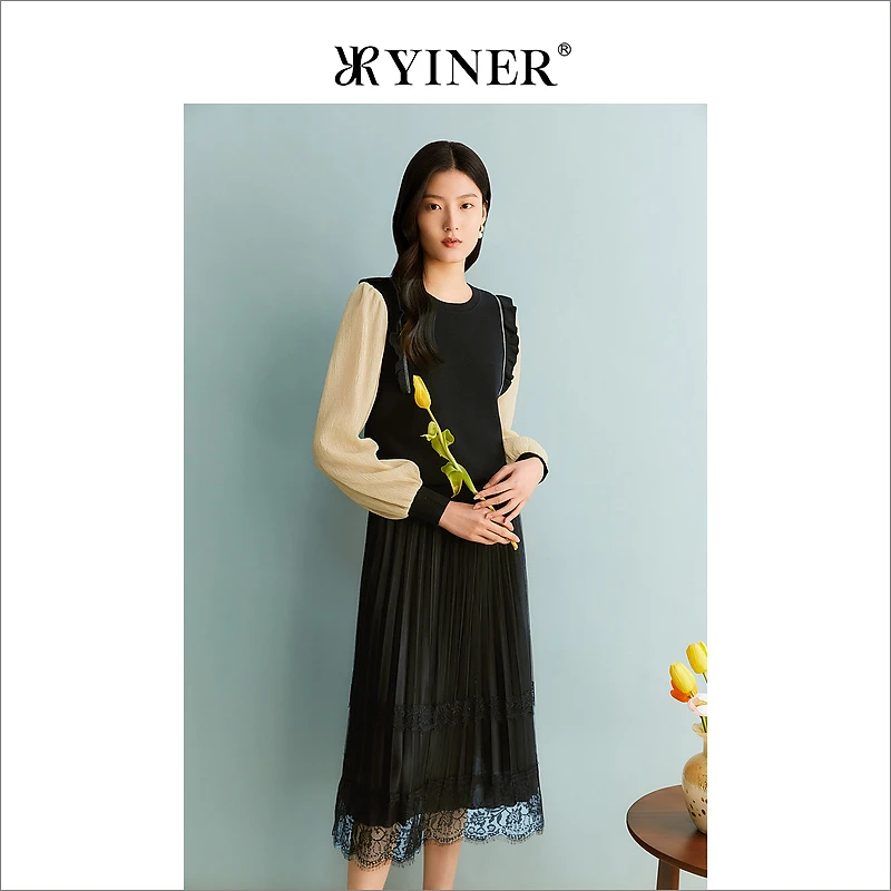 [假两件]YINER音儿专选女装秋季针织衫木耳花边上衣