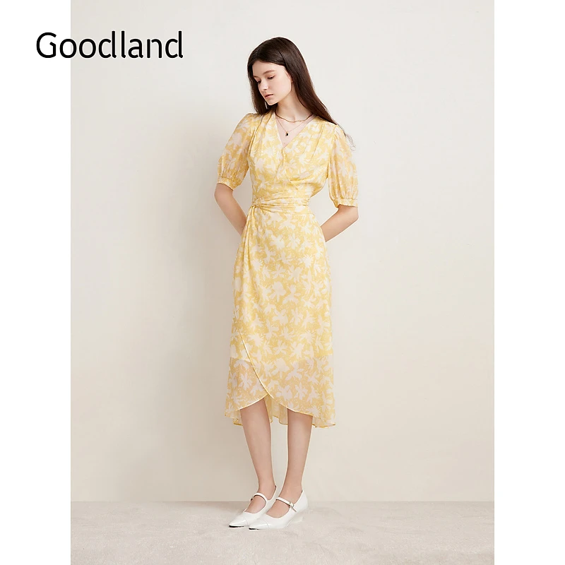 【博主同款】Goodland美地春季真丝收腰不对称A摆连衣裙
