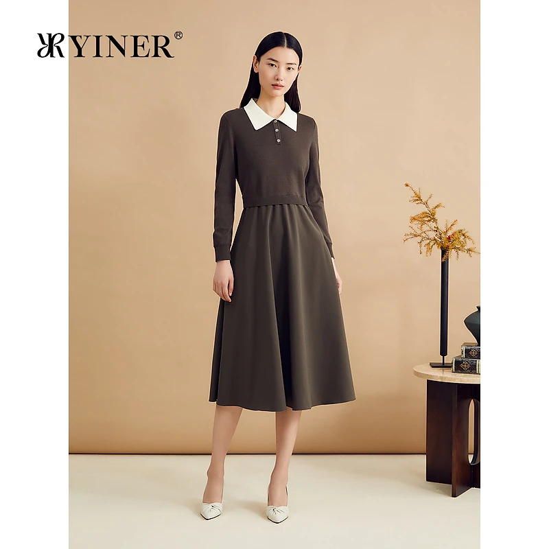 YINER音儿2024秋季新款桑蚕丝撞色翻领假两件小A字连衣裙