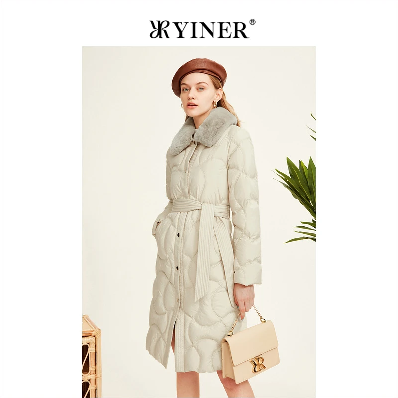 YINER音儿专选女装冬季法式优雅中长款兔毛翻领加厚羽绒服