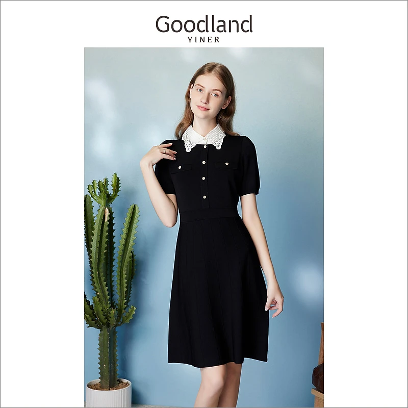 【爆款升级】Goodland美地女装夏撞色POLO领A字型连衣裙