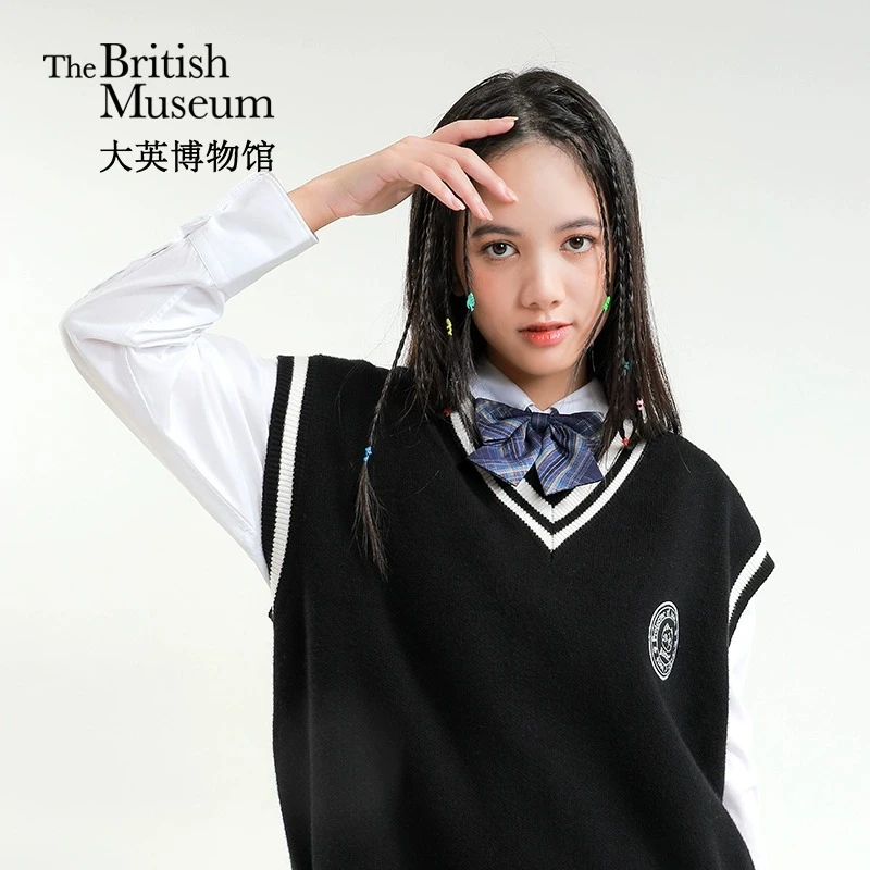 大英博物馆安德森猫针织提花V领叠穿宽松毛背心男女同款