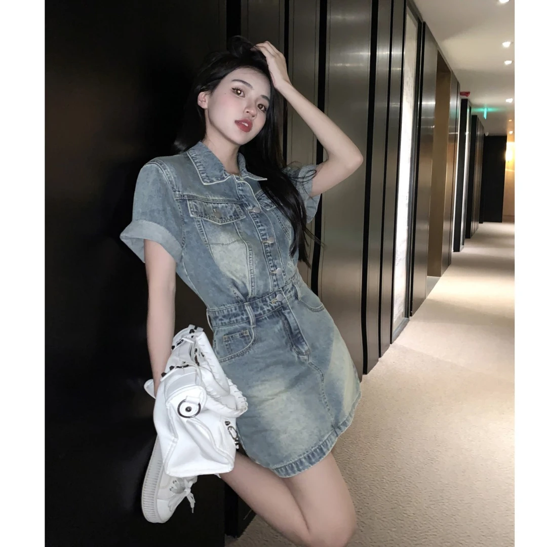 欧若风夏季新款百搭法式高级感复古短裙牛仔连衣裙女小众收腰