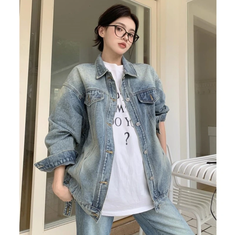 新款韩版宽松复古街头潮牌做旧水洗ins牛仔外套女宽松牛仔衣8636