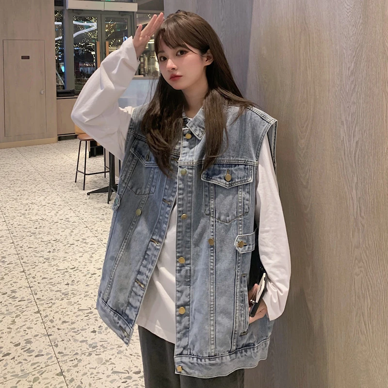 春秋款宽松学生女装气质显瘦潮流复古港风新款牛仔马甲外套女761#