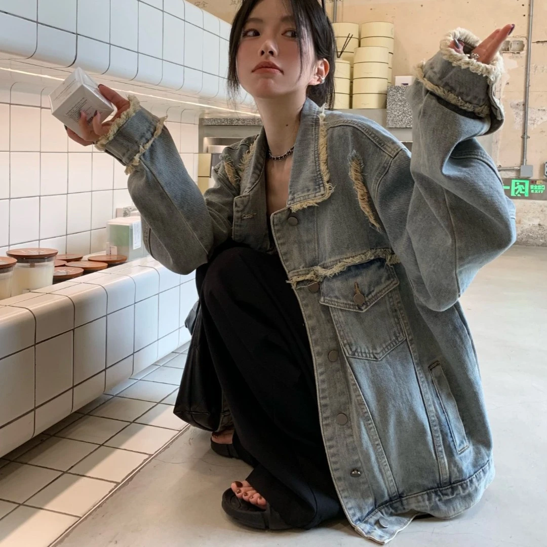 港风复古毛边破洞牛仔外套女ins潮春秋宽松百搭炸街夹克上衣1367