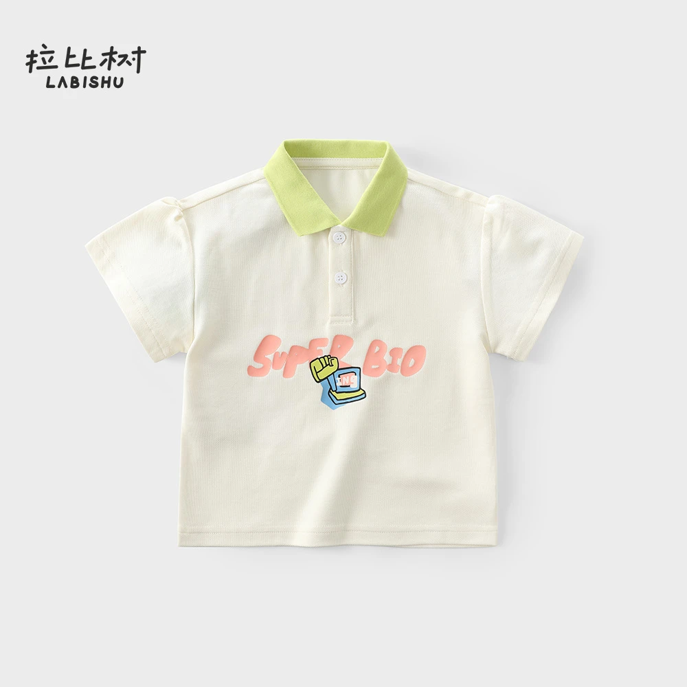 拉比树童装女童凉感翻领针织T恤2024夏款宝宝时尚短袖印花polo衫
