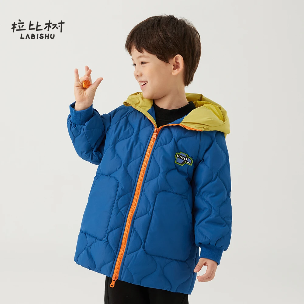 拉比树2024冬季新款三防羽绒服男童保暖鸭绒耐脏连帽中长款羽绒服
