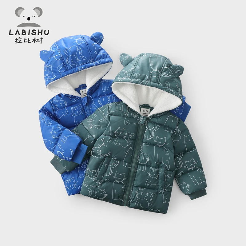 拉比树男童连帽卡通印花羽绒服潮童2024冬季宝宝秋冬保暖羽绒服潮