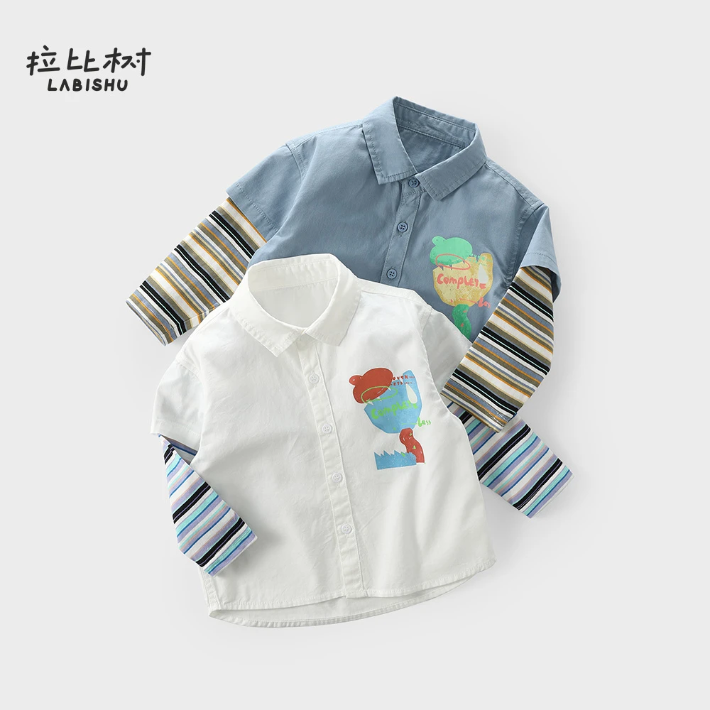 拉比树童装假两件长袖衬衫2024春季新款男童印花休闲翻领上衣纯棉