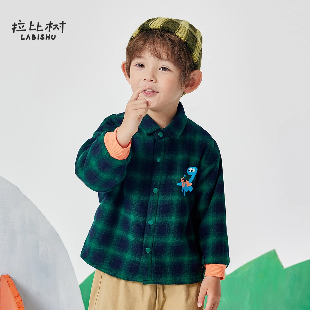 拉比树童装男童加绒衬衫2024新款宝宝时尚翻领厚衬衣长袖格子秋冬