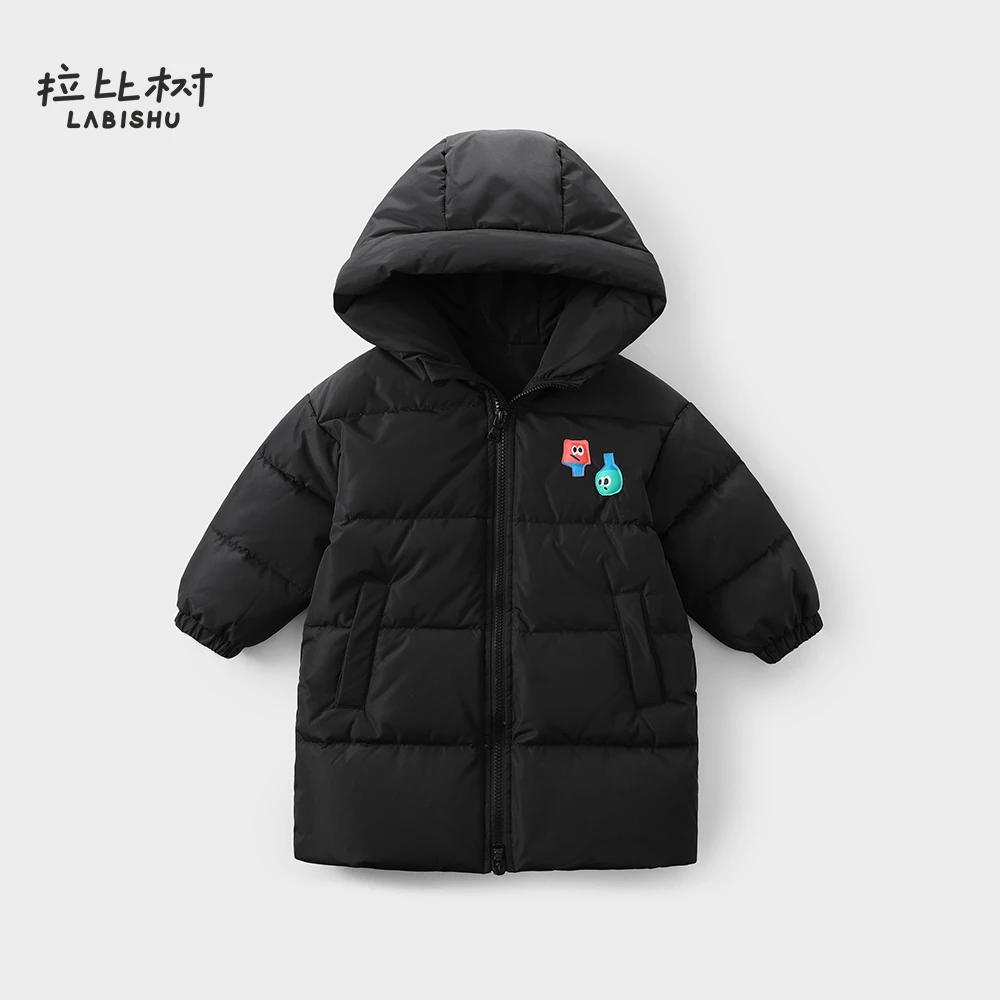 拉比树2024冬季新款三防羽绒服男童连帽中长款鸭绒加厚保暖纯色款