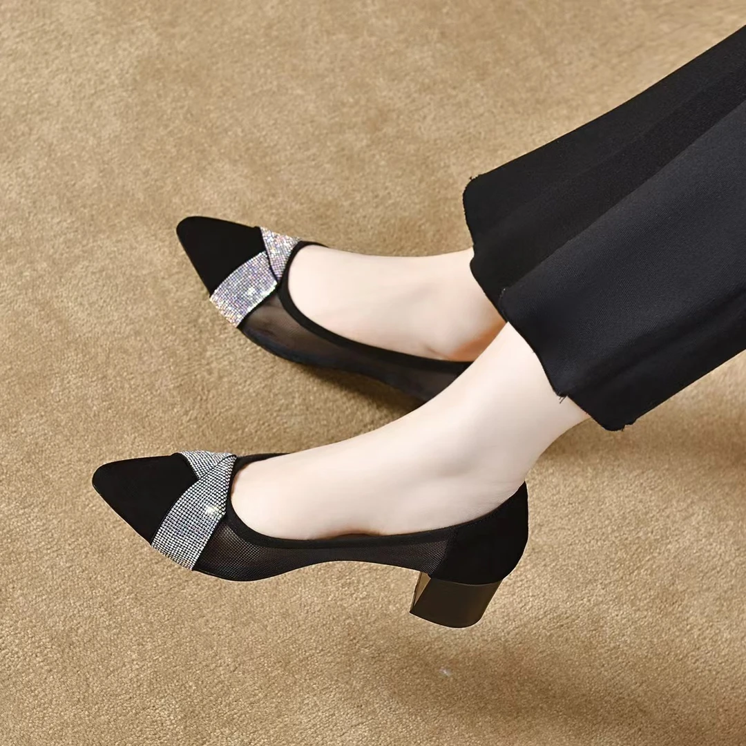 羊皮磨砂面网纱浅口单鞋女2024年春秋新款气质时尚黑色软底高跟鞋