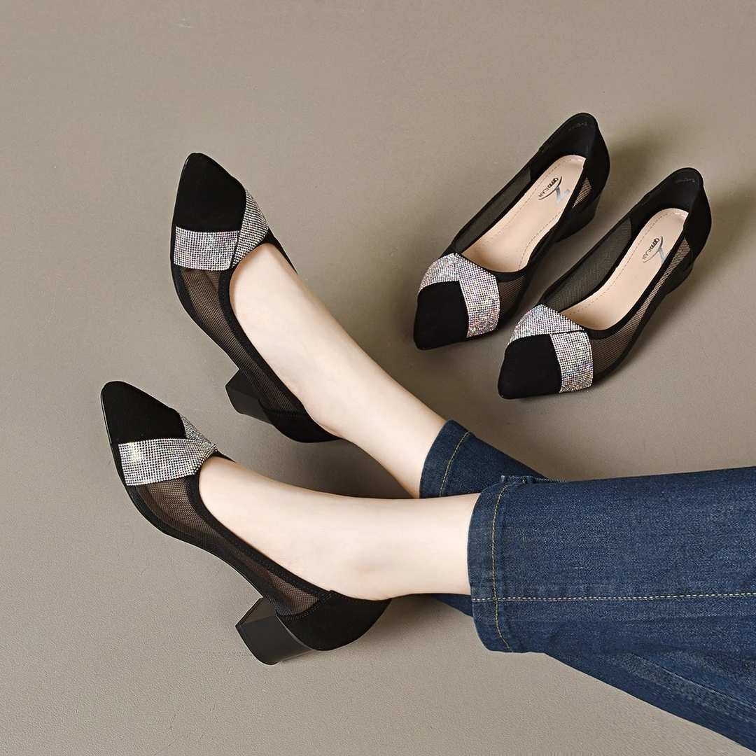 羊皮磨砂面网纱浅口单鞋女2024年春秋新款气质时尚黑色软底高跟鞋