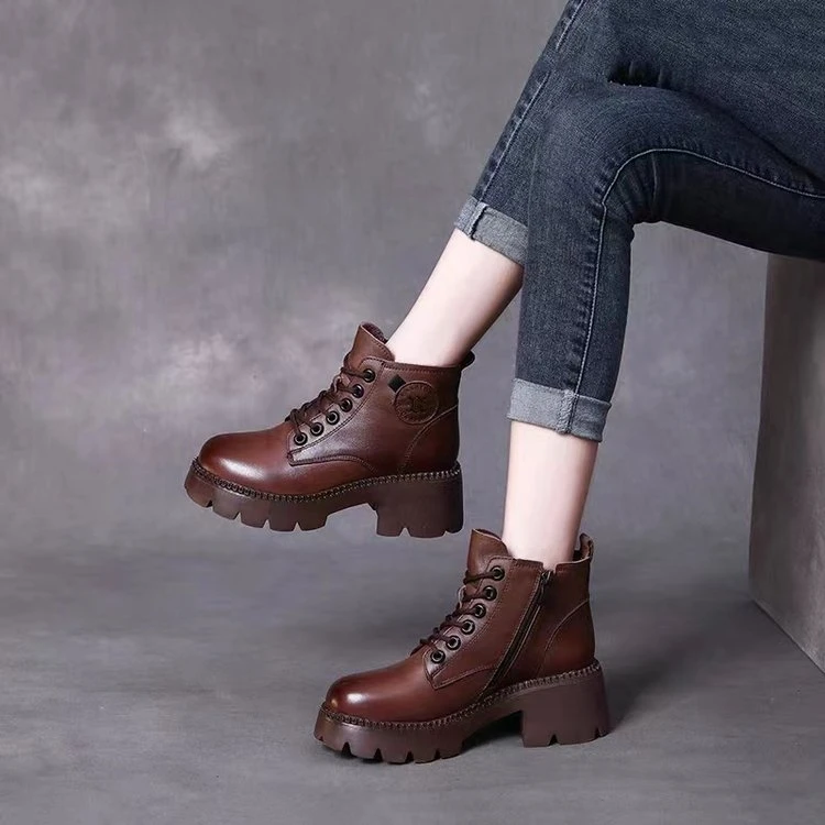 真皮厚底皮鞋英伦风马丁靴2024新款秋冬季加绒小个子复古短靴子