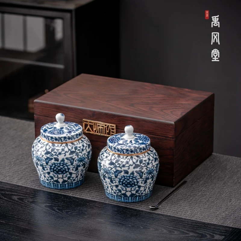 禹风堂-青花珐琅彩欧式罐存茶罐储物罐螺口合金配实木礼盒空包装