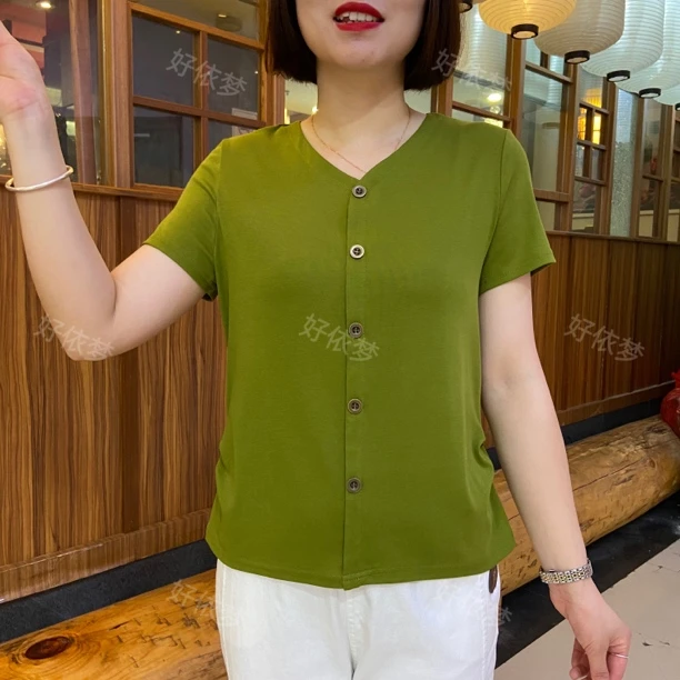 夏季新款女士V领休闲百搭显瘦短袖T恤简约