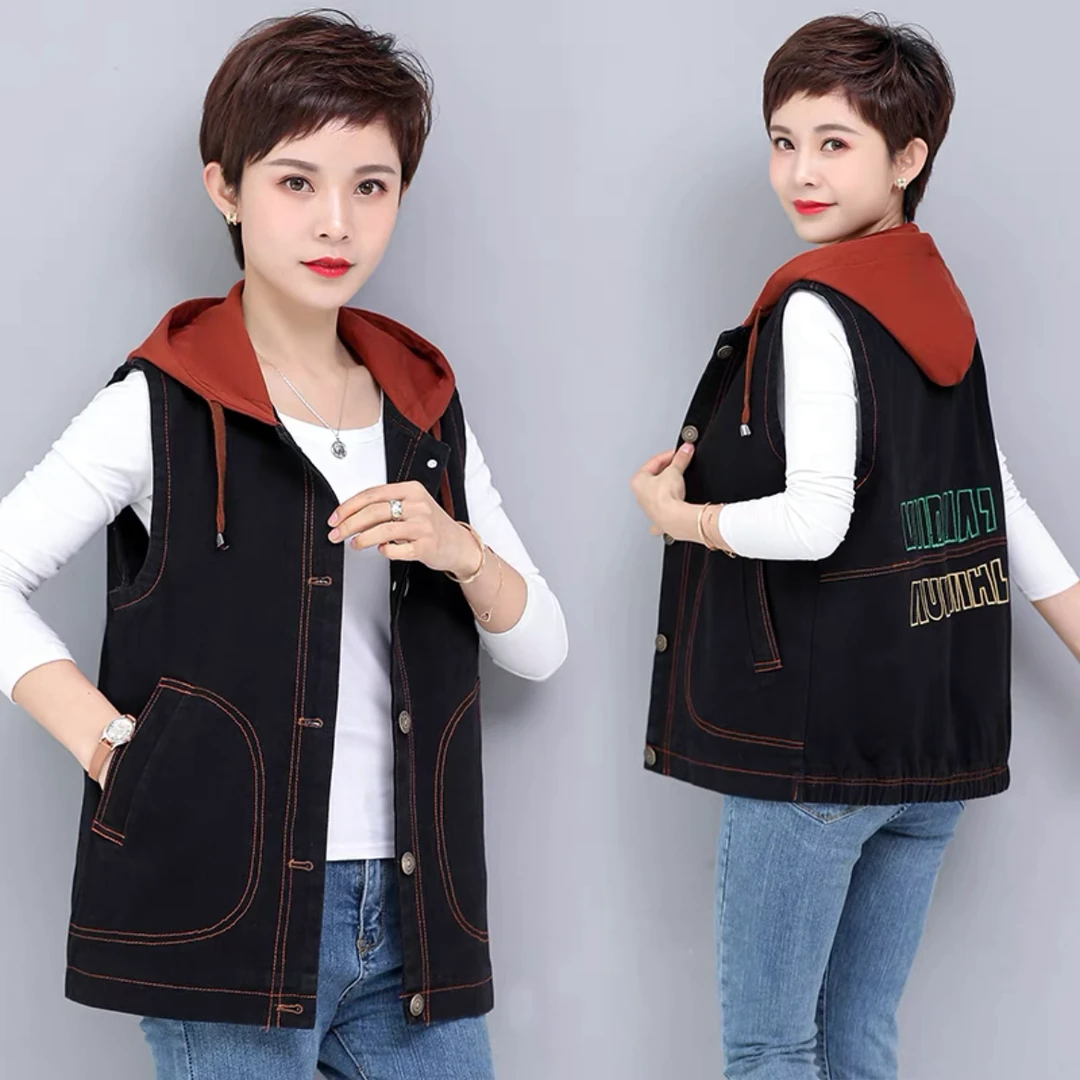背心短款春秋装新款连帽爆款刺绣款秋冬牛仔马甲女款外穿洋气无袖