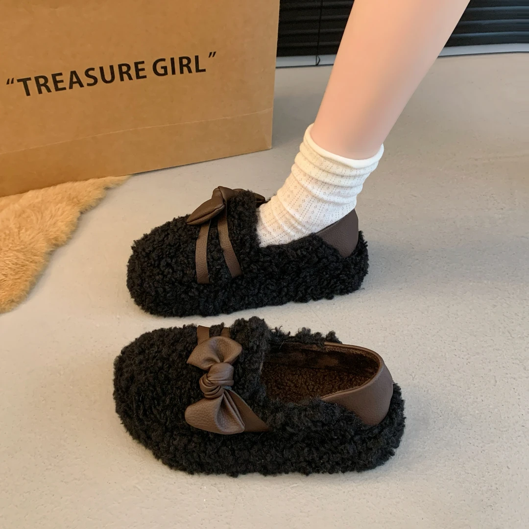 厚底豹纹蝴蝶结一脚蹬两穿毛毛鞋女外穿2024秋新加绒韩版百搭棉鞋