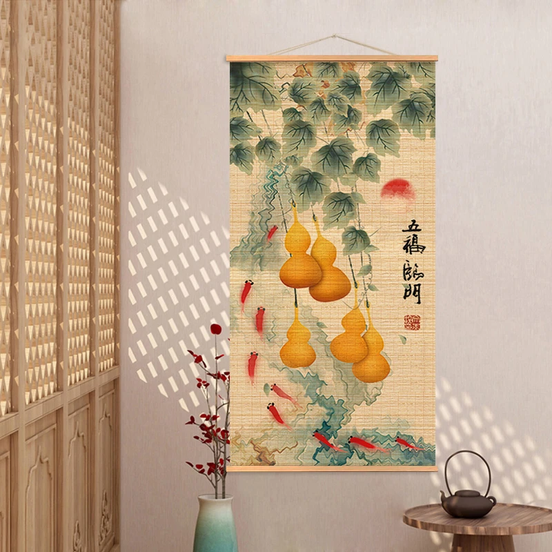 民俗禅意新中式定制竹帘挂画房茶室背景玄关禅意茶室书房禅道茶道