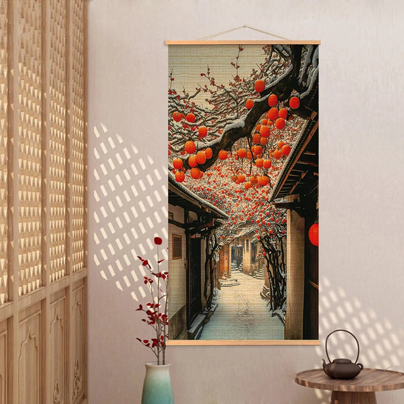 竹帘挂画家居搭配挂帘茶室新中式竹帘挂画书房装饰柿柿如意中国风