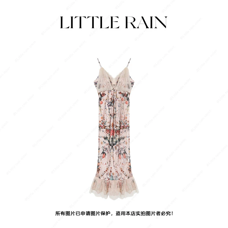 小雨姐姐【布兰卡花园】复古浪漫V领网纱拼接修身印花鱼尾连衣裙