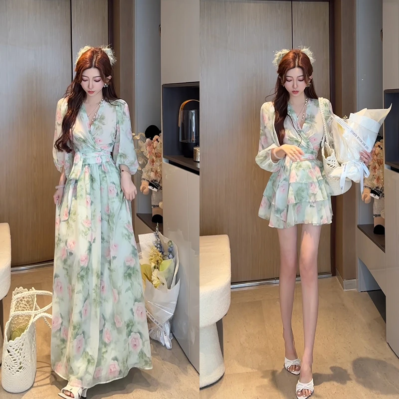 小雨姐姐【青玉芙蓉系列】时尚碎花长袖连衣裙/系带上衣+半身长裙女