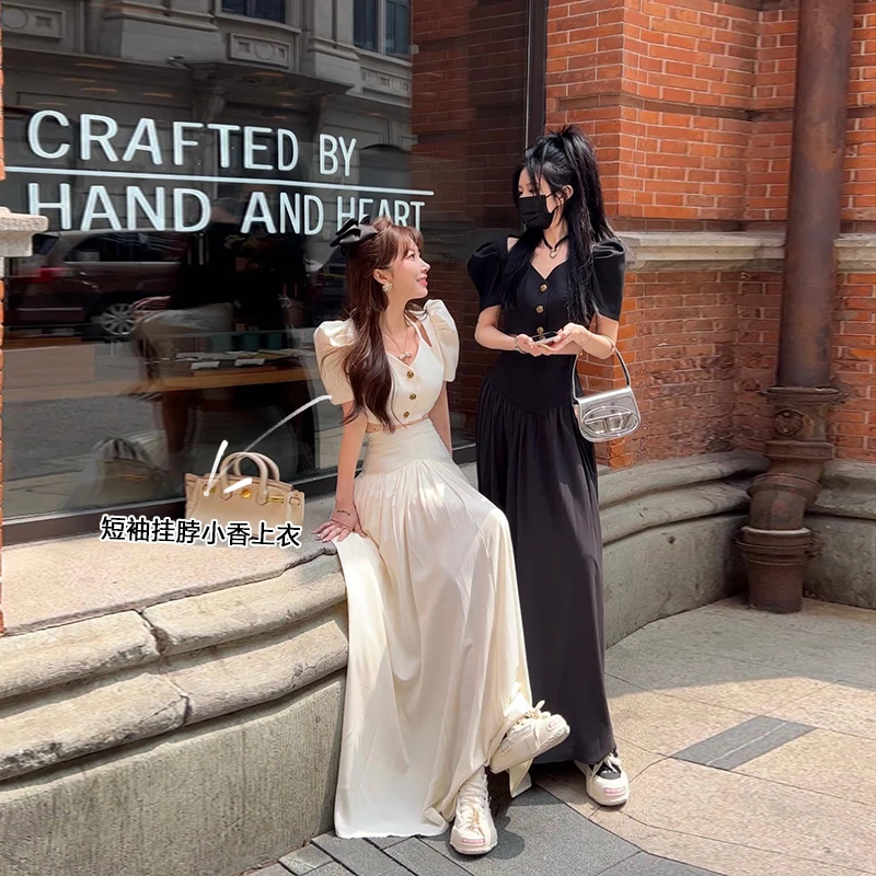 小雨姐姐新品【伊蒂丝千金】法式高级感气质方领挂脖系带短袖上衣