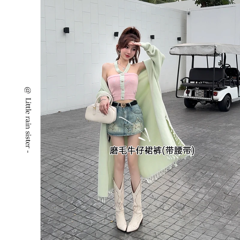 小雨姐姐【星恋裙裤】复古设计感星星磨毛高腰a字牛仔裙裤加腰带