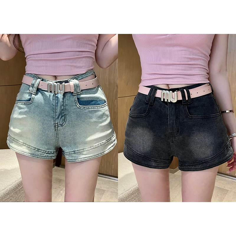 小雨姐姐【港岛短裤】复古辣妹水洗高腰A字显瘦包臀短裤女+粉色腰带