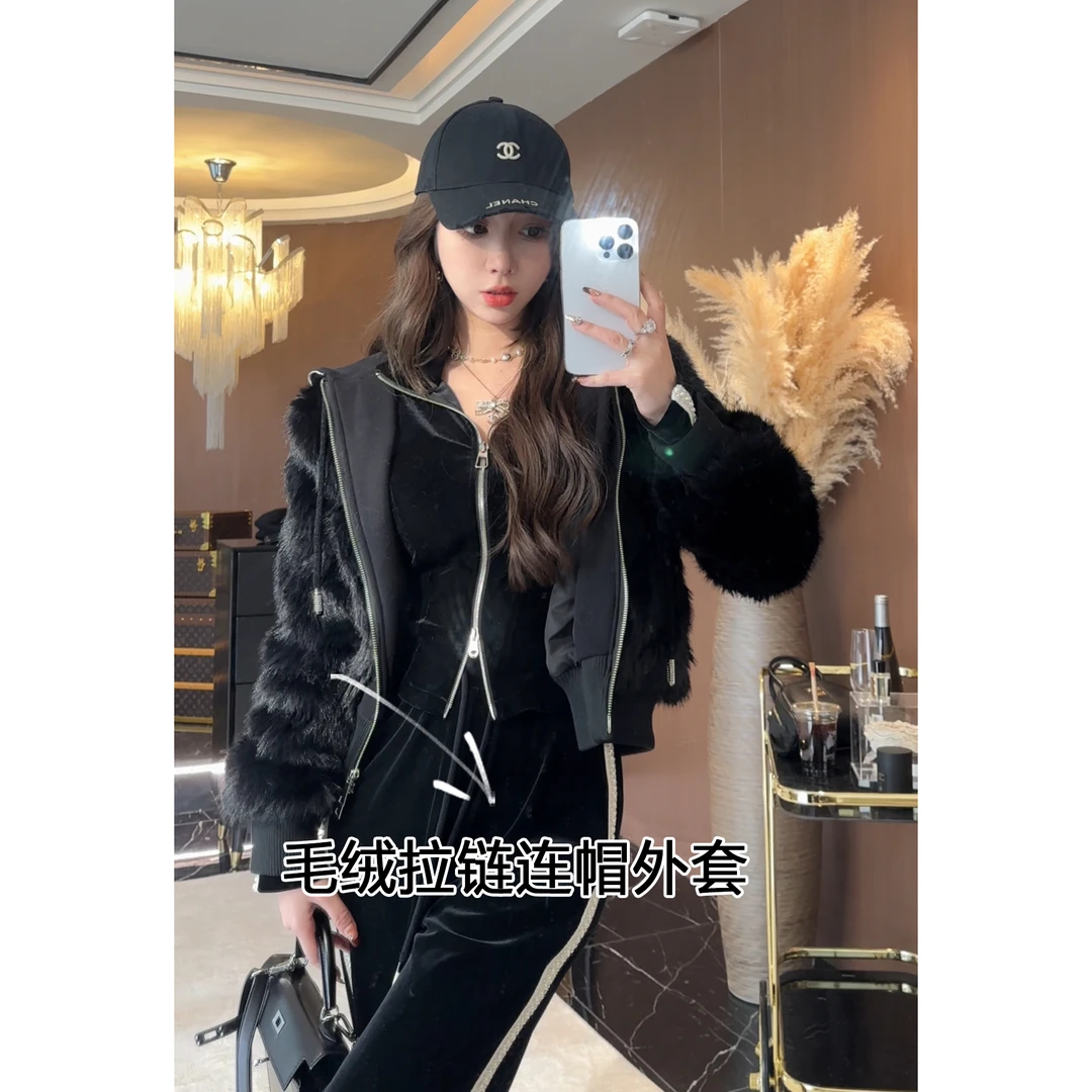 小雨姐姐【黛比娅外套】时尚设计感连帽款拼接加厚款保暖毛毛外套