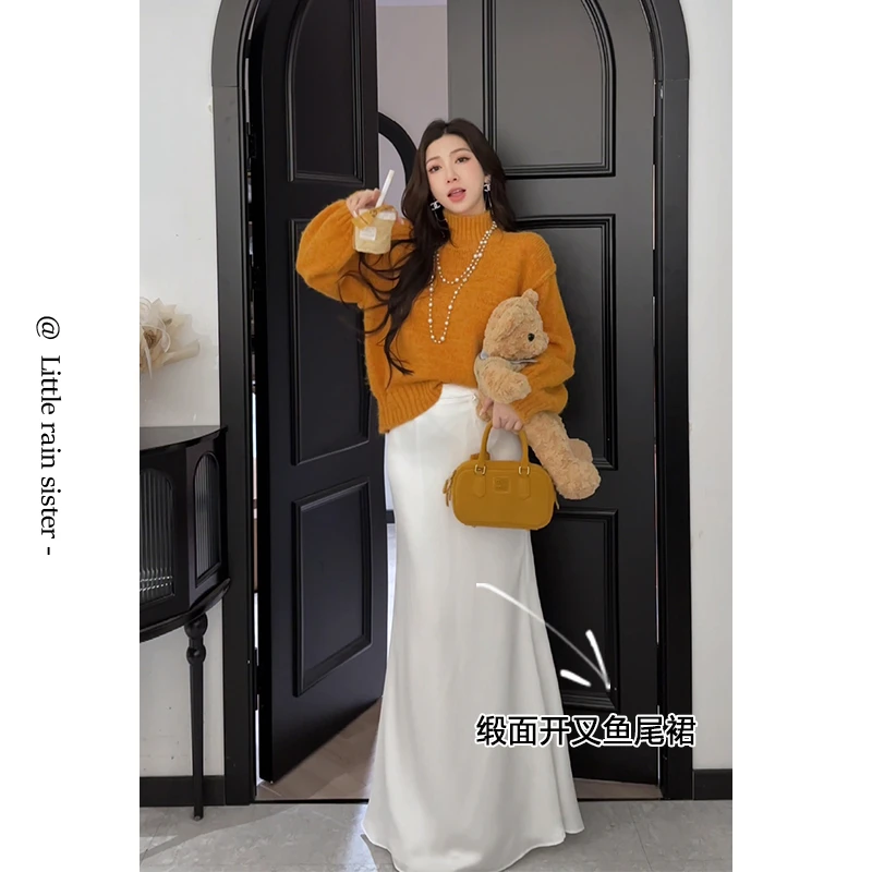 小雨姐姐【璃影半裙】气质优雅设计感缎面开叉包臀半身裙女2024秋