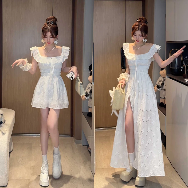 小雨姐姐【初恋白裙】法式气质方领蕾丝绣花高腰开叉连衣裙小白裙女