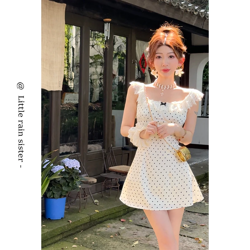小雨姐姐【波卡连衣裙】法式甜美方领蕾丝花边修身显瘦波点连衣裙女