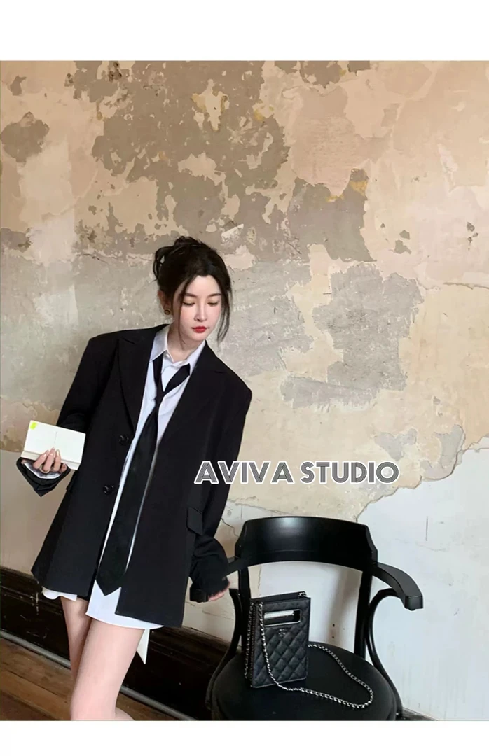 韩版后背开叉蝴蝶结西装外套女秋冬高级感气质穿搭中长款黑色西服