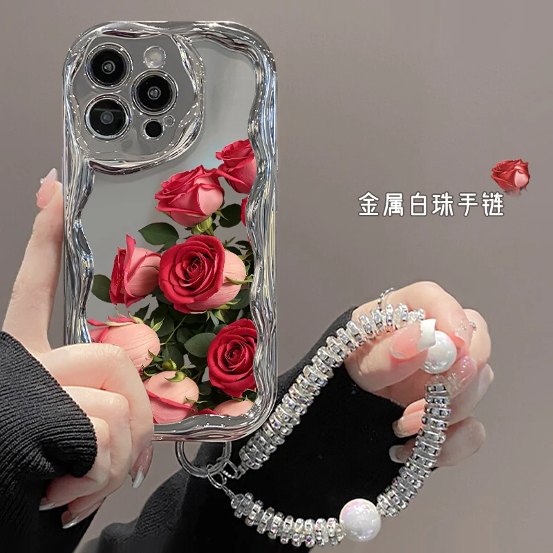 红粉玫瑰适用苹果16promax手机壳新款女高级感小清新电镀全包防摔