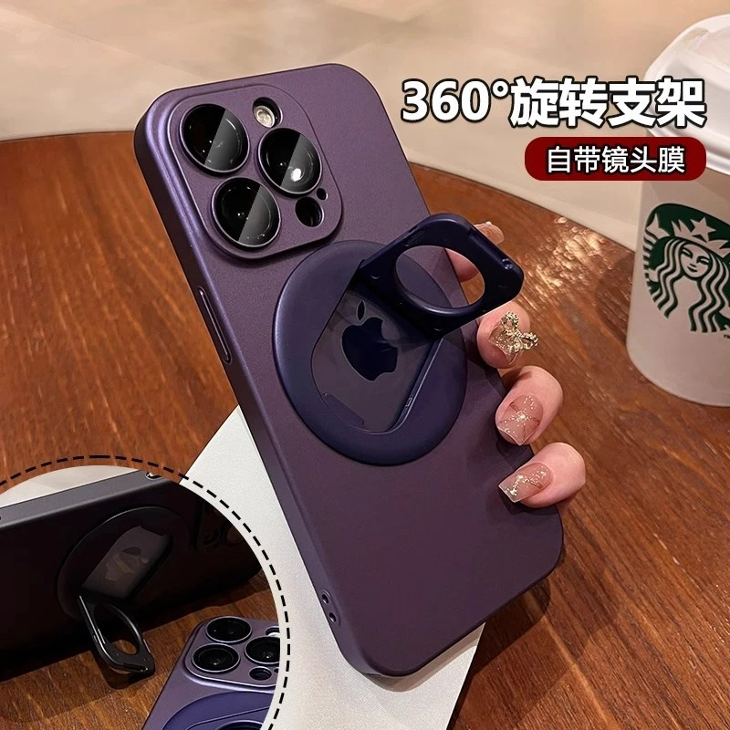 适用苹果15promax手机壳镜头膜全包防摔肤感磨砂360旋转磁吸支架