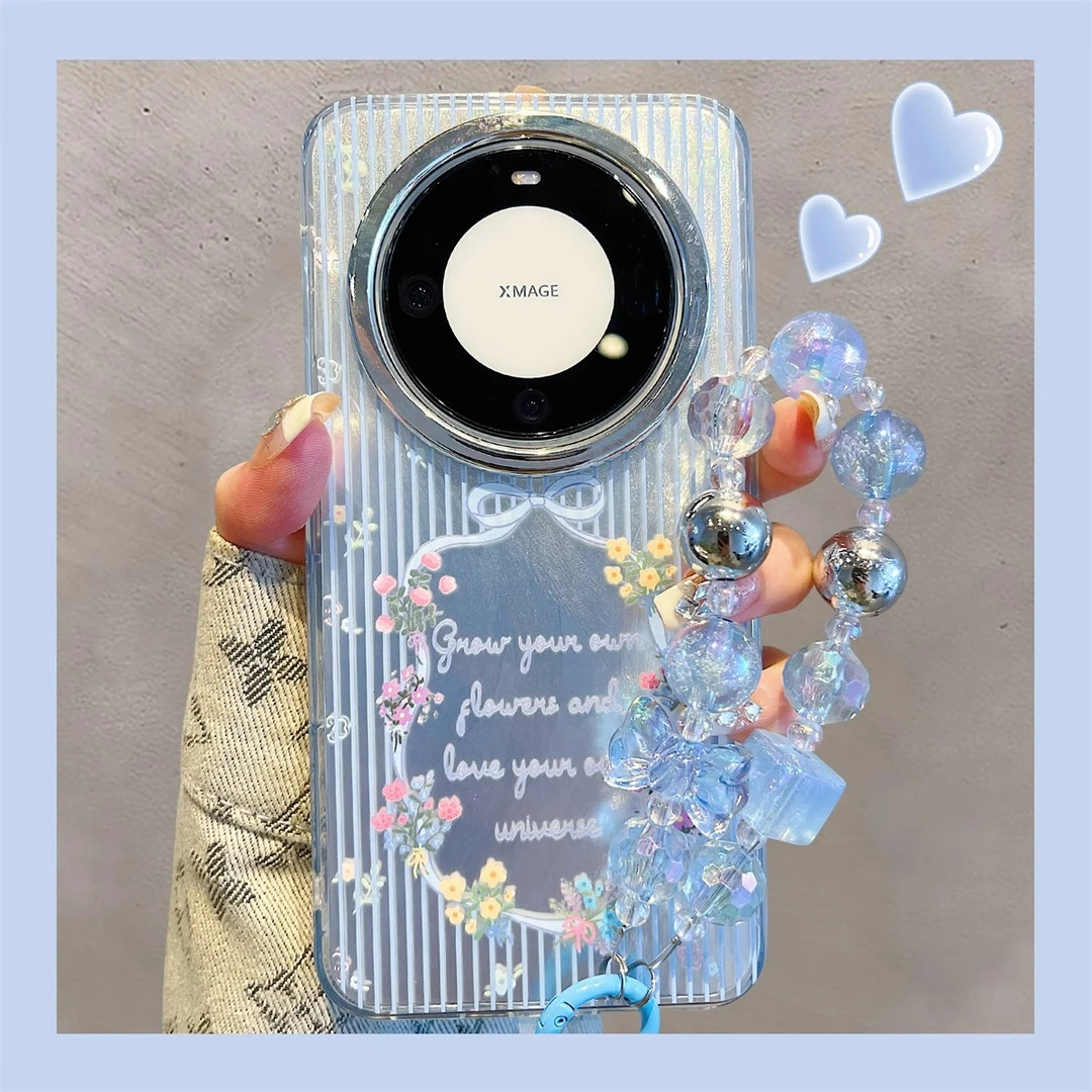 适用华为mate60pro+手机壳韩风蝴蝶花朵mate60电镀羽纱全包保护套