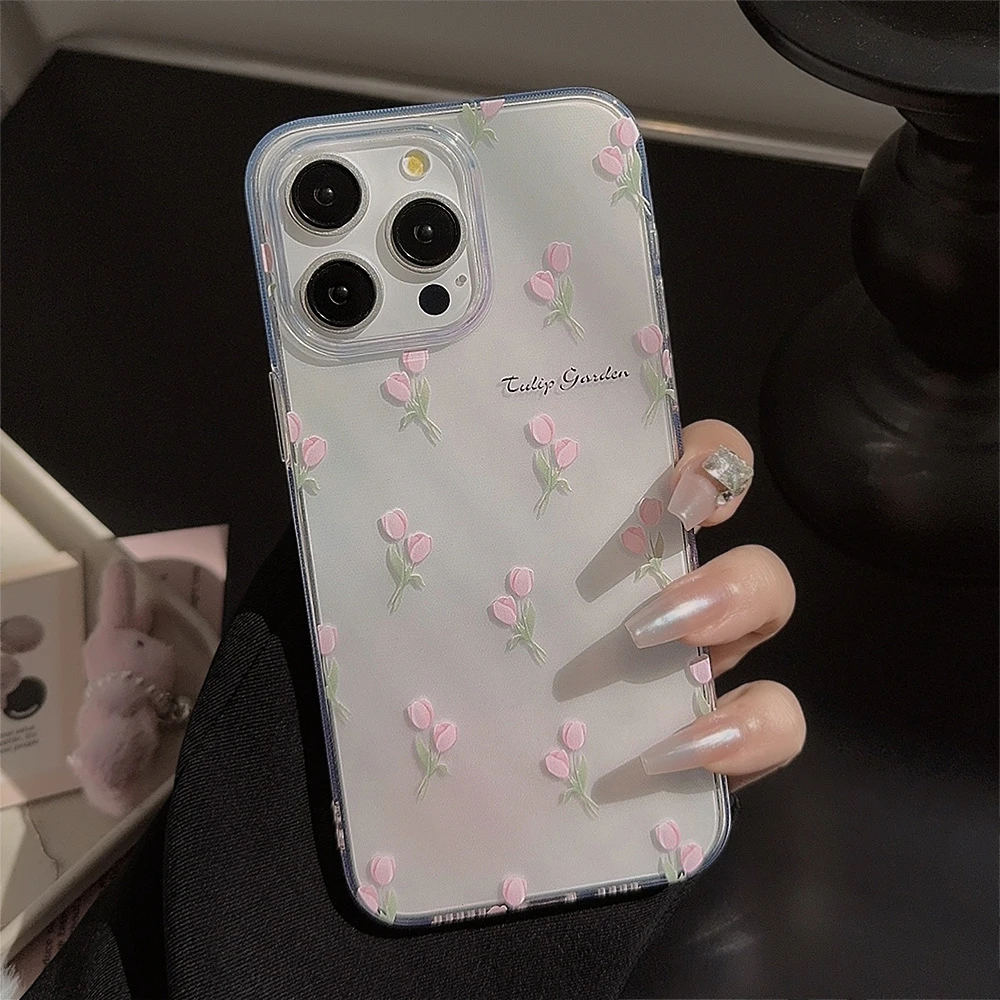 适用苹果15promax手机壳iphone14pro春夏ins粉色郁金香透明硅胶套