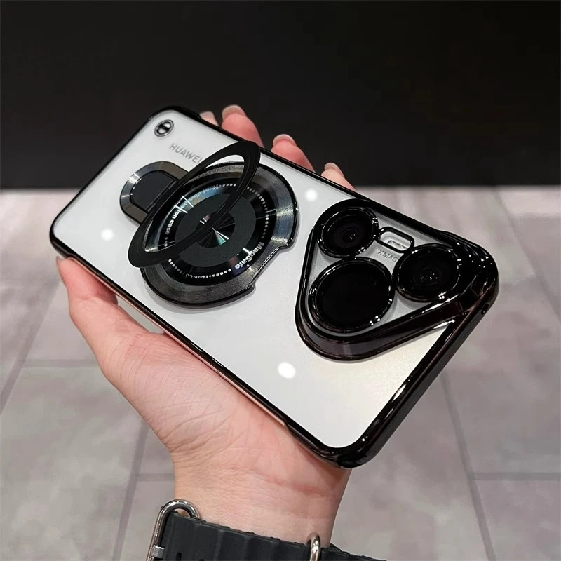 适用华为pura70手机壳p70pro+电镀超薄无边框磁吸支架自带镜头膜
