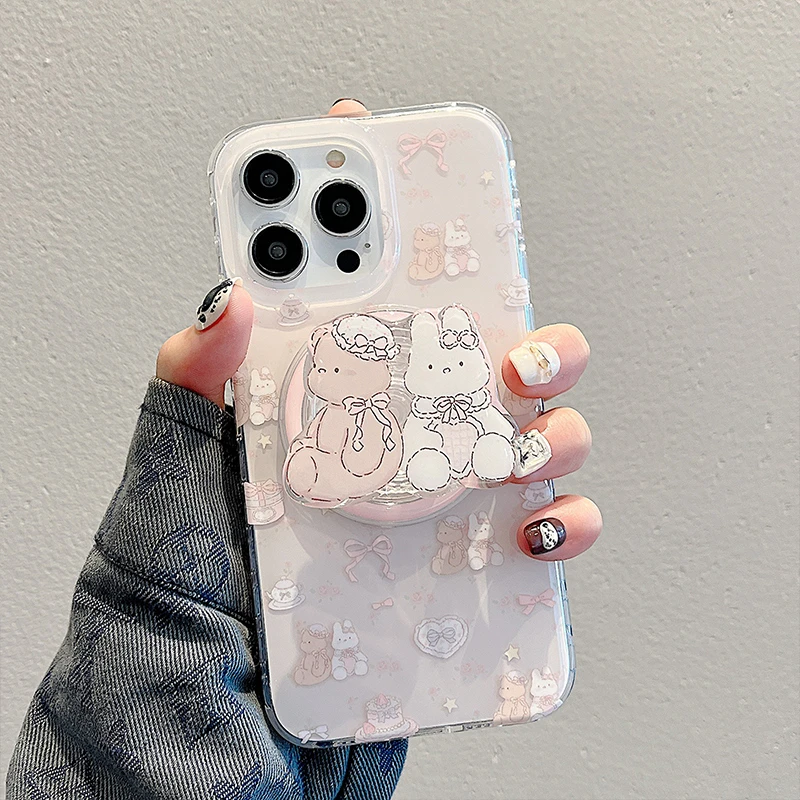 适用苹果15手机壳磁吸带支架iphone14pro粉色可爱熊兔亚克力防摔