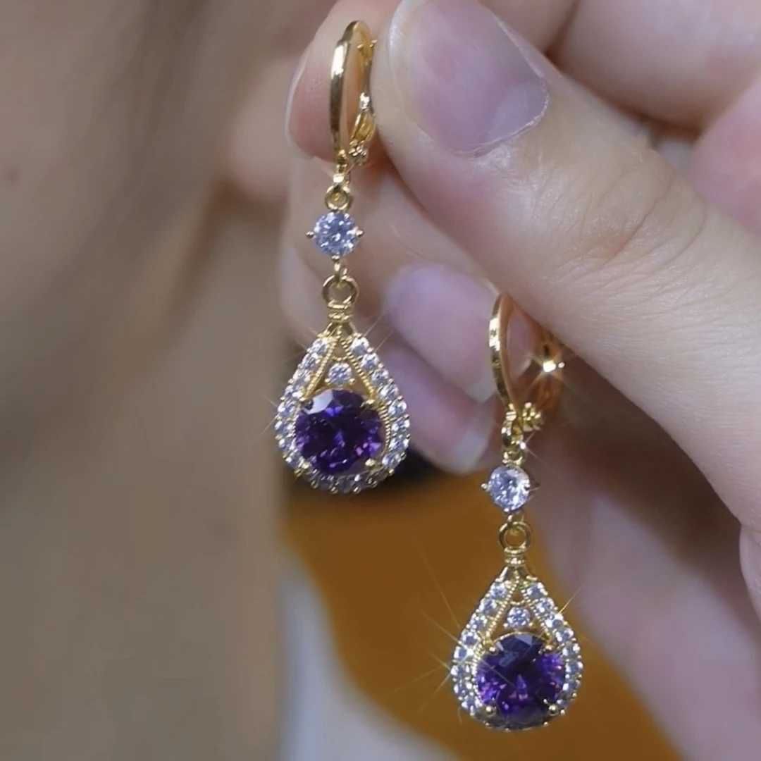 铜合金合成锆石耳饰 【紫气东来】（耳扣直径1公分）紫色水滴流苏耳环