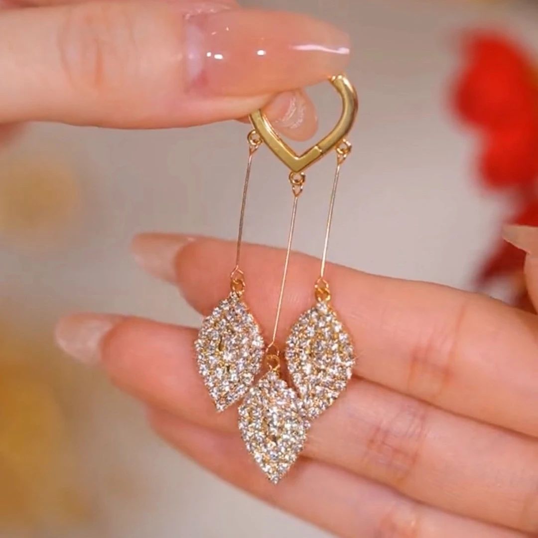 铜合金合成锆石耳饰 金枝玉叶耳扣流苏长款叶子时尚耳环
