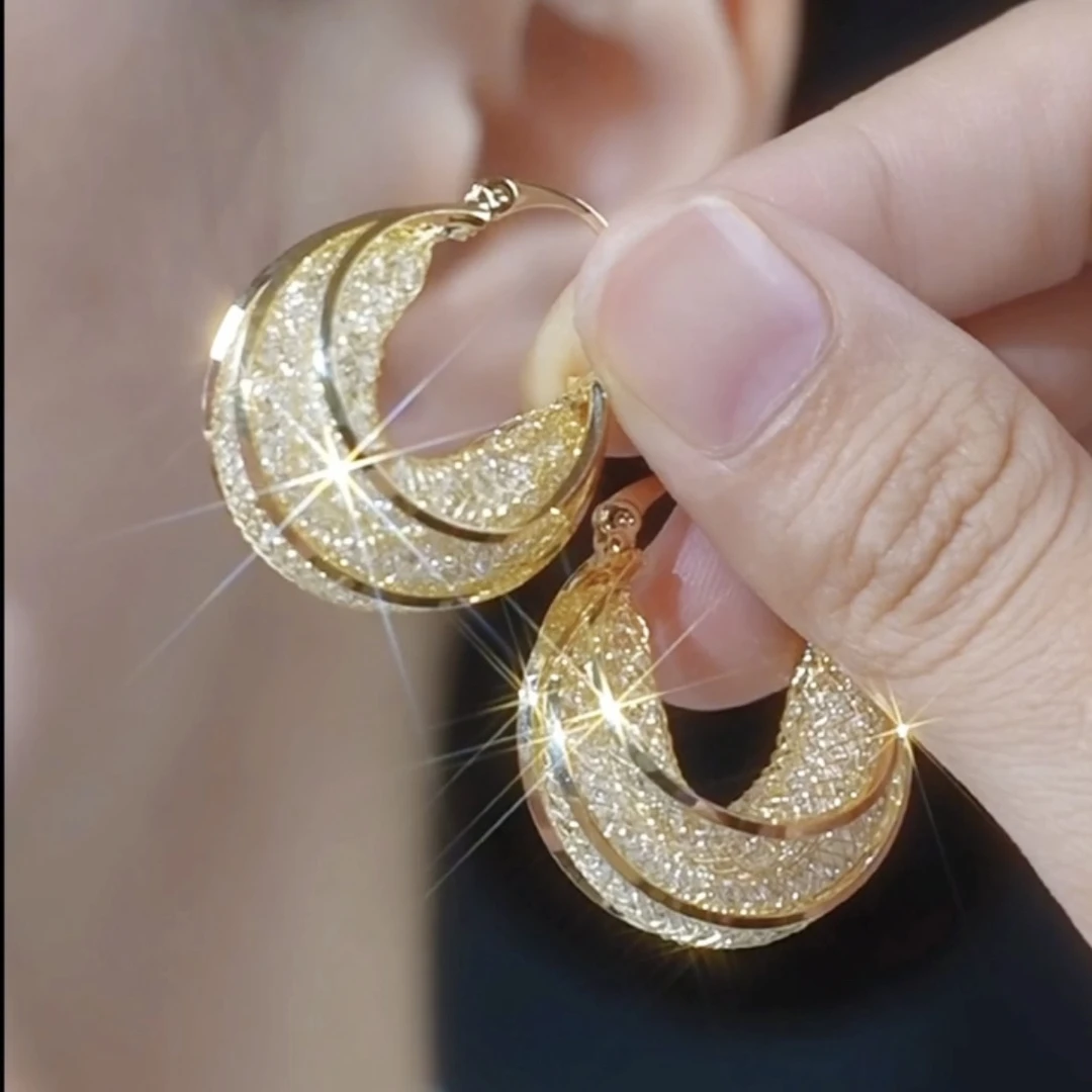 铜合金合成锆石耳饰 【环环相扣】时尚金丝包裹潮流耳扣耳圈耳环