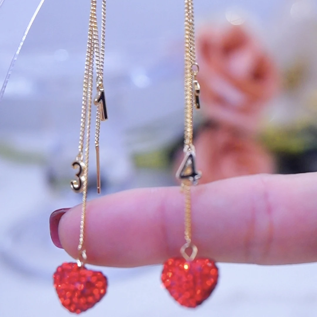 铜合金耳饰 S925银针 现货 高定红色爱心防丢耳线显瘦长款耳环